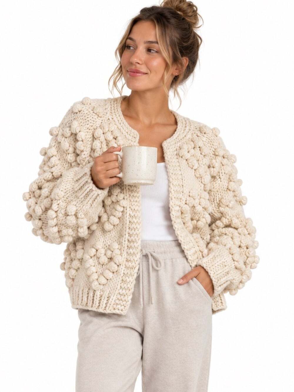 Chicwish Hand Knit Heart Pom Pom Cardigan L Cream Wool Blend Open Front Chunky